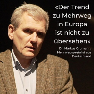 Aureverre_Mehrweg_Event_CIES2023_Grumann_Speaker_Europa Portrait d'un speaker invité au premier événement suisse sur la réutilisation, Markus Grumann, présentant certaines pratiques en matière de réutilisation en Allemagne.